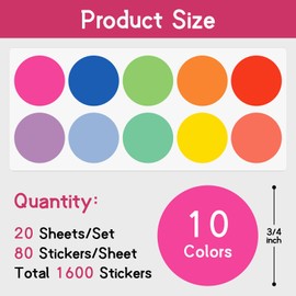 StickerTag 1600 PCS 3/4 Inch Colored Dot Stickers, 10 Colors Circle Price Stickers, Round Color Coding Labels for Office, Home, Teaching Events, Garage Sales - 20 Sheets