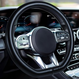 HAOKAY D Shaped Steering Wheel Cover, Black Geniune Leather Flat Bottom Steering Wheel Cover Steering for Women Men Universal 14 1/2-15 in