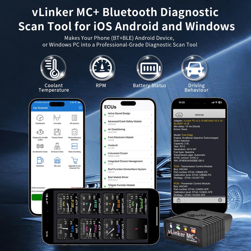 V-gate vLinker MC+ OBDII Bluetooth Adapter Car Wireless OBD2 Scanner