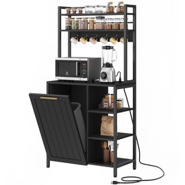 DWVO Black Bakers Rack with Trash Can Bin Cabinet and Power Outlet, Microwave Stand Cabinet with 6 Hooks, 6-Tiers Farmhouse Kitchen Tall Thickened Coffee Bar Table Station with Storage Shelf