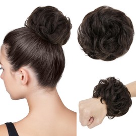 TESSHAIR Thick Human Hair Messy Bun, 100% Real Hair Bun Extensions for Women, Wavy Curly, 25g, #Natural Black