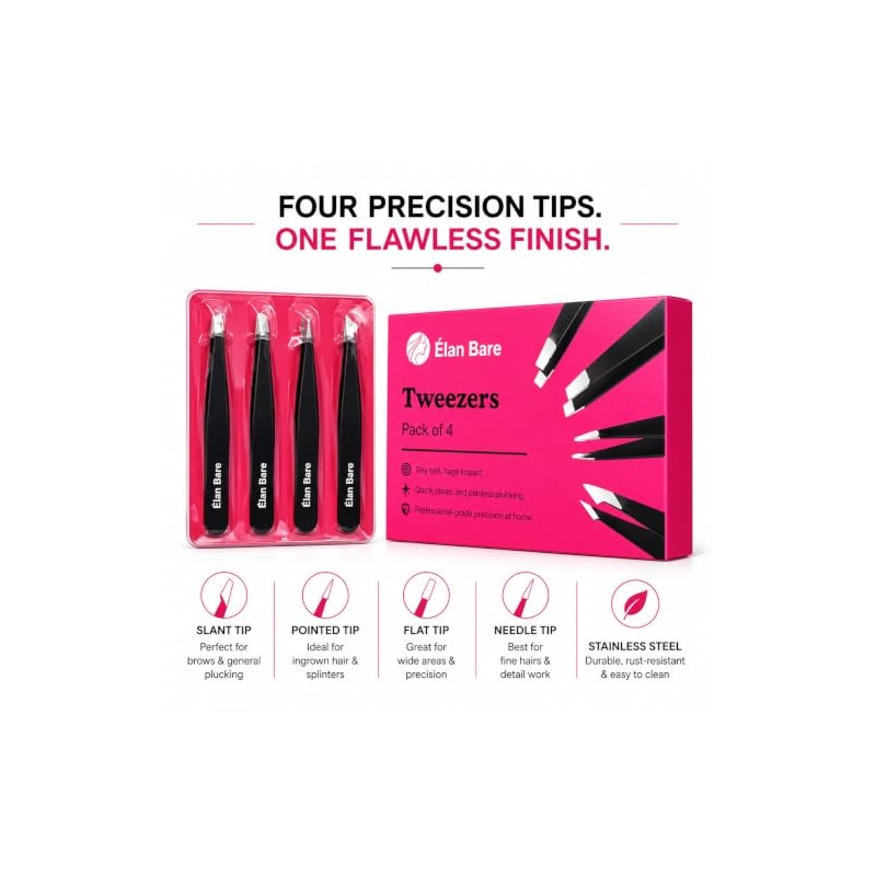 The Élan Bare Precision Set 4-Piece Professional Stainless Steel Tweezer