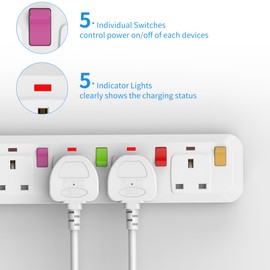 Mscien 4M Extension Lead with Switches, 5 Way Surge Protected Extension Lead, UK Wall Mount Power Strip with 4 Meter Extension Cord, 5 Gang Plug Extension Sockets Random Switch Color 2500W