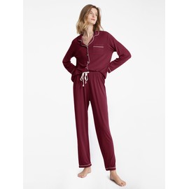 SIORO Womens Pajamas Set Long Sleeve, Button Down Cotton Pj Sets For Women Soft Nightwear,Burgundy With White Piping, Large