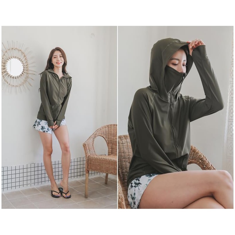 [KOUKOUCOCO] UVラッシュガード ハイネック帽子舌付きUVカットラッシュガード (JP, アルファベット, L, カーキ)