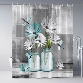 Rustic Daisy Teal Floral Shower Curtain Flower Dragonfly Country Farmhouse Vintage Abstract Wildflowers Gray Polyester Fabric Bathroom Decor Set with Hooks 70Wx70H Inch