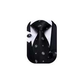 DiBanGu Fashion Silk Christmas Tie with Handkerchief cufflinks set Black White Snowflake Jacquard Ties for Party