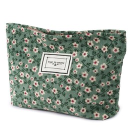 Aucuu Cosmetic Bags for Women, Small Floral Canvas Cosmetic Bag, Rose Flower Printing Corduroy Toiletry Bag, Multifunctional Travel Makeup Bag with Metal Zipper for Women Girls Gift - Green Flower