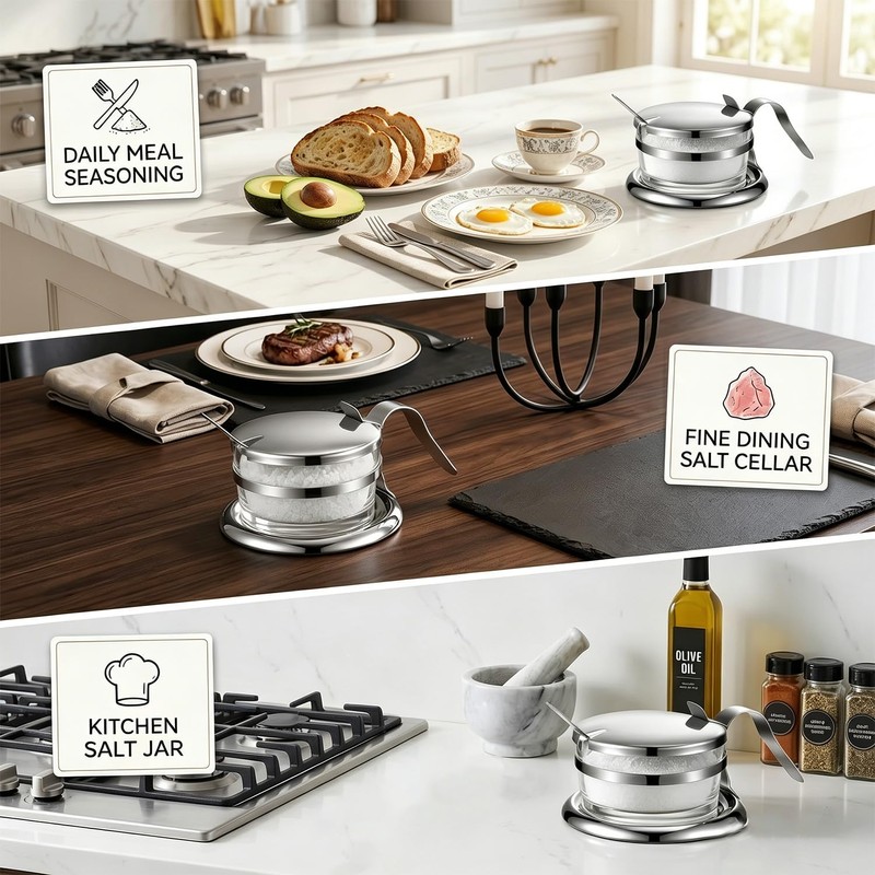 Stainless Steel Salt Cellar with Spoon & Lid, Heavy Duty