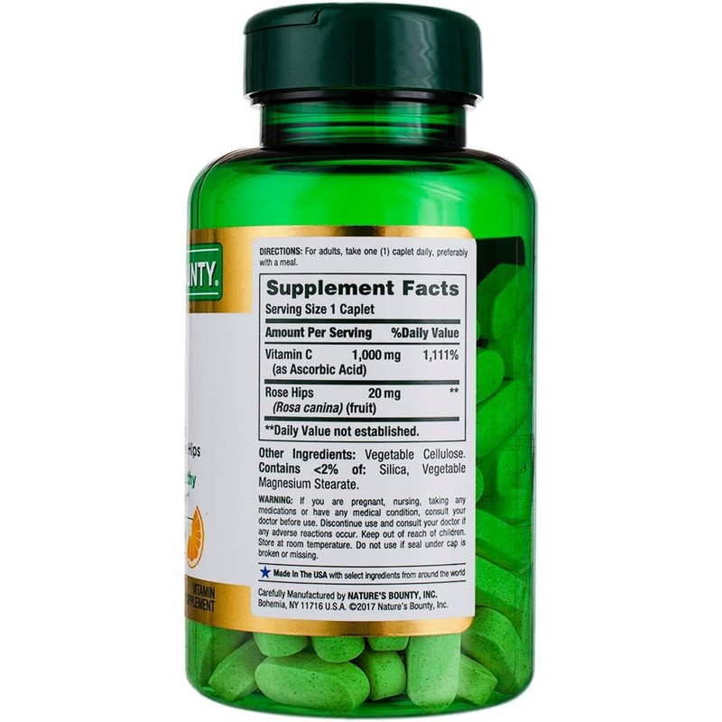 Nature's Bounty Vitamin C + Rose Hips, Immune Support, 1000mg,