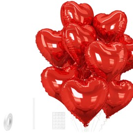 10 Pcs Red Heart Balloons, 18 Inch Heart Foil Balloons Helium Balloons, Red Love Balloons for Wedding and Valentines Day, Proposal Romantic Decoration Mylar Balloons for Wedding Party Decorations