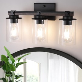 huong son 3 Light Matte Black Bathroom Vanity Light Over Mirror with Wood, Farmhouse Vanity Lighting with Clear Glass Shade, Wall Mount Bathroom Light Fixtures, E26 Base