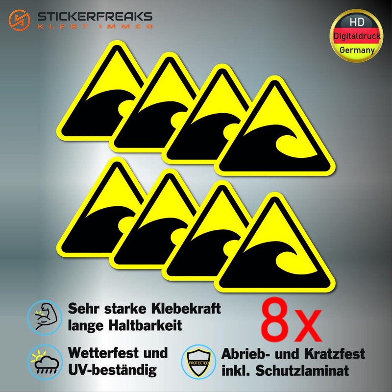 Pack of 8 Warning Stickers 6 x 5 cm Tsunami