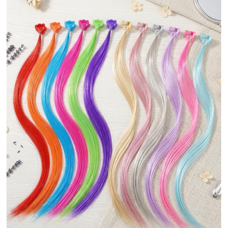 24 PCS Kids Hair Extensions for Girls, Clip in Rainbow