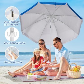MEWAY 7.5ft Beach Umbrella with Detachable Sand Anchor & Tilt Mechanism, Portable UV 50+ Protection, Outdoor Sunshade Umbrella with Carry Bag, for Garden Beach Outdoor