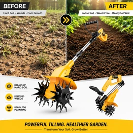 Cordless Garden Tiller for Soil Cultivation – 200mm Brushless Rototiller Tool for Vegetable Beds & Flower Gardens