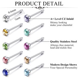 Dochais 60/100 Pieces Nose Studs Stainless Steel L Shape Nose Piercing Studs Small Rings C Shaped Silver Spiral Nose Stud with Rhinestone Straight Nose Piercing Rings for Women Men 20G, Stainless