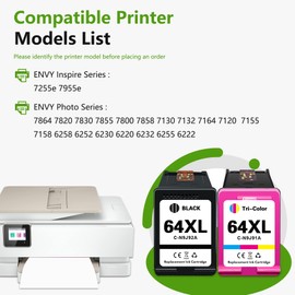 64XL Ink Cartridges High Yield Compatible 64XL Ink Cartridges Replacement for HP 64 64XL Envy Photo 7155 7858 7855 Envy Inspire 7255e 7955e Tango Series Printer(2-Pack, 1Black/1Tri-Color)