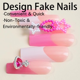 BABALAL Pink Press on Nails Long Square Fake Nails Cute Glue on 3d Bear Candy Star Heart Strawberry Charm Acrylic Nails Rhinestone Squoval Manicure Stick on False Nails 24Pcs Press on