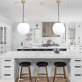 KoKo&Yukina 13.7" Gold Globe Pendant Light Mid Century Pendant Light Milk Glass Pendant Lights Kitchen Island Adjustable Hanging Light Fixture for Dining Room Bedroom Kitchen Islan