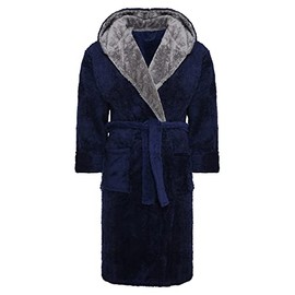 i-Smalls Mens Dressing Gown Super Soft Fleece Hooded Housecoat Robe with Belt S to 6XL (XXL) Navy