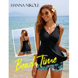 Hanna Nikole Women's Tankini Set V-Neck and Wavy Edge Two Piece Swimwear with Shorts, black