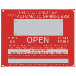 Fire Sprinkler Control Valve Sign, Aluminum, 9" x 7"