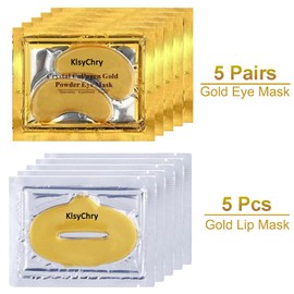 24K Gold Crystal Lip and Eye Mask, KlsyChry 5 Pairs Eye Mask and 5 Pcs Lip Mask for Moisturizing, Anti Wrinkle, Anti Aging, Hydrating Lips and Eyes