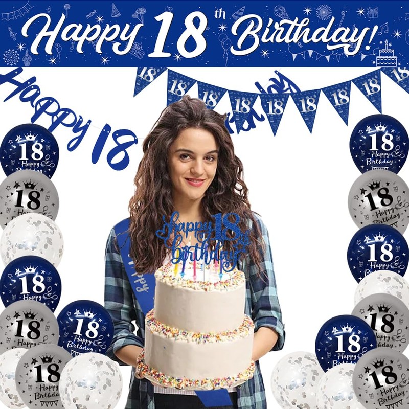 Yontree 18th Birthday Decorations - Blue & Silver Banners, Triangle