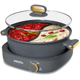 Dezin Hot Pot Electric with Divider, 4L Electric Shabu Shabu with Dual-Flavor Pot,3.7" Depth Nonstick Dual Side with Multi-Power Control for Party, Family and Friend Gathering