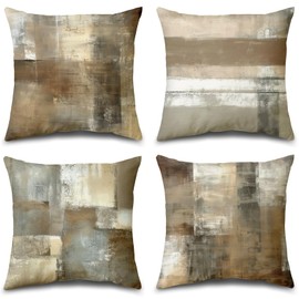 Balaena Brown Tan and Gray Throw Pillow Covers,Set of 4 16X16 Inch Taupe Modern Art Abstract Painting Home Decor Couch Pillow Covers Neutral Decorative for Sofa Bedroom Living Room