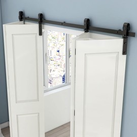 CCJH 5.5FT/68'' Bi-Folding Barn Door Hardware Sliding Track kit Heavy Duty for 4 Doors(No Wood Door，Hardwware Only)