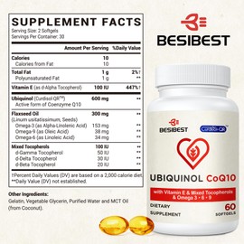Besibest Ubiquinol CoQ10-600mg-Softgel, Active Coq10 Ubiquinol Supplement with Vitamin E & Omega 3, 6, 9, High Absorption-Coenzyme-Q10, Powerful Antioxidant for Energy Production, Tested, 60 Count