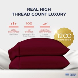 Thread Spread 100% Egyptian Cotton Pillow Cases Standard/Queen Size Set of 2 - Luxury 1200 Thread Count Sateen Burgundy Pillow Cases, Silky Soft Cotton Pillowcases Fits Standard & Queen Size Pillows