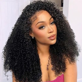 Lametope Kinky Curly Half Wig Human Hair With Drawstring 3 In 1 Headband Human Hair Wigs For Women Seamless Flip Over Kinky Curly Glueless Wig Invisible Hairline (24 Inch)