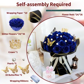 jabeick Glitter Roses Bouquet, Shiny Artificial Roses Flowers with Stems DIY Fake Glitter Flowers Bouquet for Valentine's Day, Mother's Day, Anniversary, Graduation, Birthday, Wedding, 24 Roses (Blue)