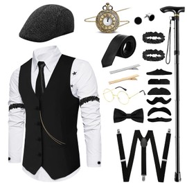 Sekepingo Elegant 18PCS Mens 1920s Gatsby Custome Outfits Vest and Hat Accessories for Roring 20's 30's Themed Party (Black, XL)