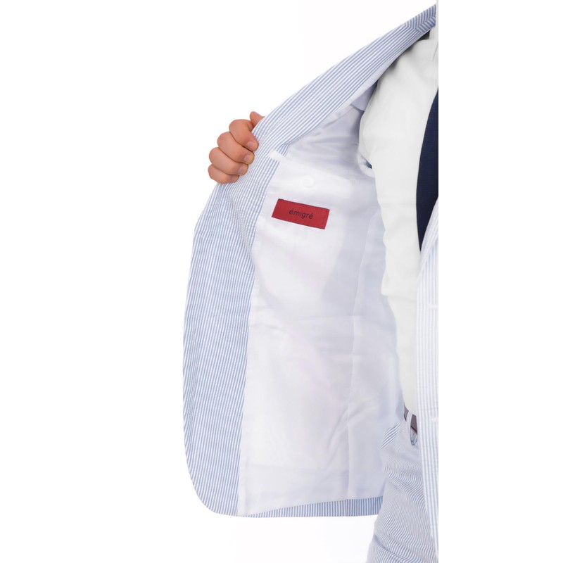 Emigre 42L Men's 100% Cotton Blue Striped Seersucker Suit