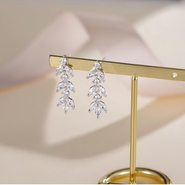 EAMTI Bridal Silver Dangle Earrings for Women Cubic Zirconia Leaf Crystal Bridal Wedding Earrings 925 Sterling Silver Post Marquise Cut Earring for Bride Prom