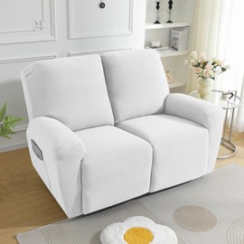 JIVINER 6-Piece Loveseat Recliner Slipcover Stretch Jacquard Recliner Sofa Cover 2 Seater Washable Reclining Couch Cover with Pocket Fitted Furniture Protector Cover (Loveseat Recliner, Off White)