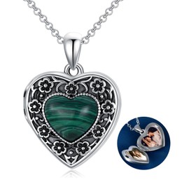 Heart Locket Necklace That Holds Pictures Sterling Silver Flower Lockets Jewelry for Women - Always in My Heart (Cherry Blossoms-Malachite)