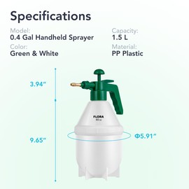 Flora Handheld Garden Pump Sprayer, 0.4 Gallon (50 oz/1.5L) Pressure Water Bottle with Adjustable Brass Nozzle, for Plants, Lawn, and Cleaning (Green) or (Red)