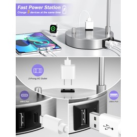 Gray Side Table Lamp with USB Port and Outlet, Dimmable Nightstand Bedside Lamps with Linen Lampshade, Desk Lamp for Bedroom, Living Room, Guest Room, Home Office, LED Bulb Included