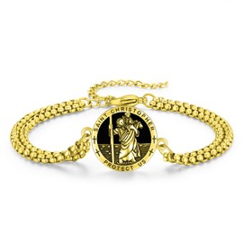 St Christopher Bracelet for Men Women 925 Sterling Silver Patron Saint Saint Christopher Bracelets Black Onyx Gold Religious Jewelry St Christopher Bracelet with 3.0mm Double Rolo Chain 9inches