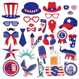 30 Pcs 4th of July Decorations Independence Day Photo Booth Props, American Flag,Uncle Sam Hat,Patriotic Cutouts for American Pride,Memorial Day,Veterans Day Party Decorations Supplies