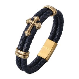 Raymard Mens Christian Cross Double Row Leather Bracelet, Religious Braided Cuff Bracelet for Men, Gold & Navy Blue - 8.4"