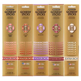 Gonesh Incense Extra Rich Collection Variety Pack, 5 Packs, 20 Sticks Each (Cinnamon, Apple Cider, Frankincense, Black Cherry, Vanilla)