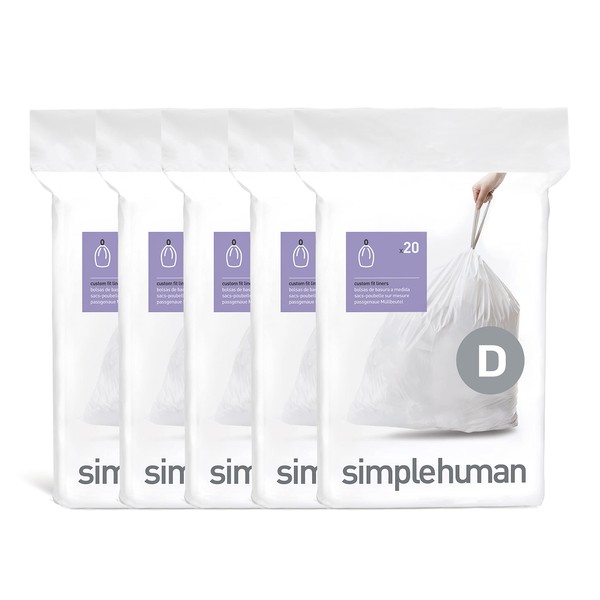 simplehuman Code D Custom Fit Drawstring Trash Bags in Dispenser Packs, 100 Count, 20 Liter / 5.3 Gallon, White