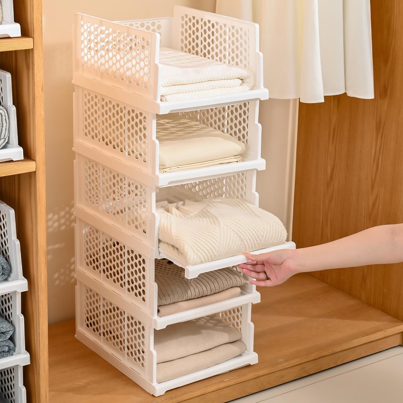 Pull-out Plastic Storage Basket,Stackable Closet Organizers Drawer Anti-Tipping, Reinforced Stable