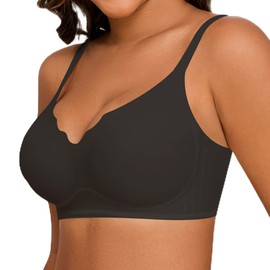 HORISUN Wireless No Underwire Bras for Women V Neck Wavy Neck Support T-Shirt Semi-Fixed Bra (Basic Black M)